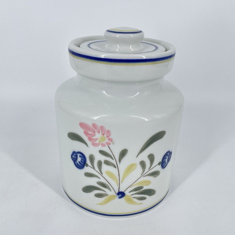 Viana Do Castelo Portugal Hand Painted Floral Ceramic Canister Jar w Lid 7”